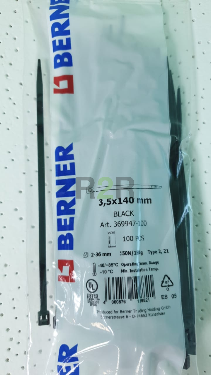 Ленточный хомут с нейлоновым язычком черный 150х3,6 (уп.100шт.)   BERNER, Германия